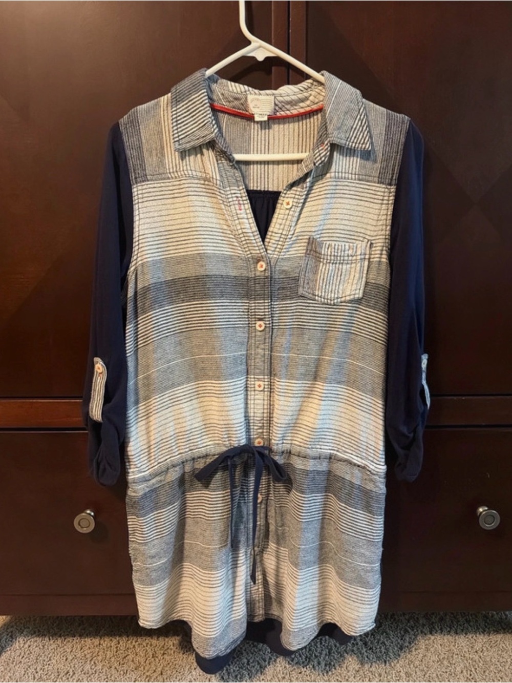 Casual Striped Drawstring tunic Shirt - navy/cream